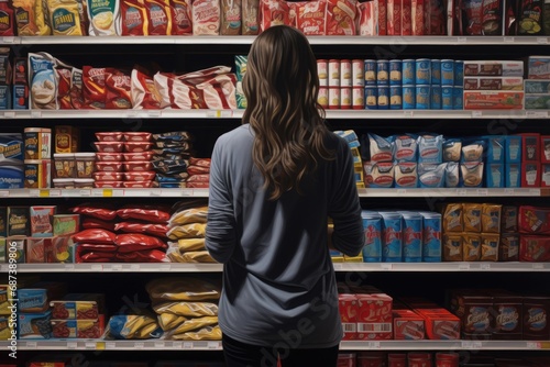 Rear view of woman looking at food products in a grocery store, woman with shopping between store shelf, AI Generated
