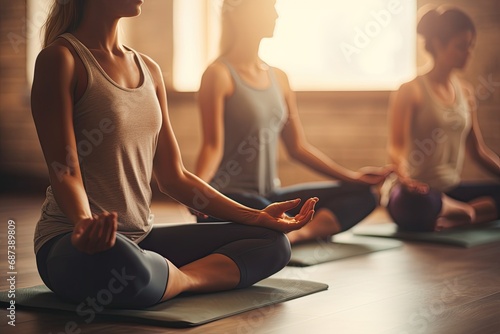 Attractive young women in sportswear are practicing yoga in the gym. They are sitting in lotus position and meditating, women group exercising and sitting in the yoga lotus, AI Generated