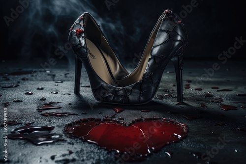 Black high heel shoes with heart shape on dark background, conceptual image, women shoes stomp on broken heart in dark tone., unrequited love, AI Generated