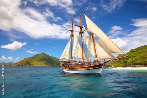 Sailing ship in the ocean on a sunny day. 3d render, Wooden tall ship sailing in a Caribbean island bay, AI Generated