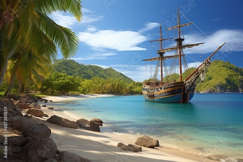 Beautiful seascape with an old pirate ship on a tropical beach, Wooden tall ship sailing in a Caribbean island bay, AI Generated