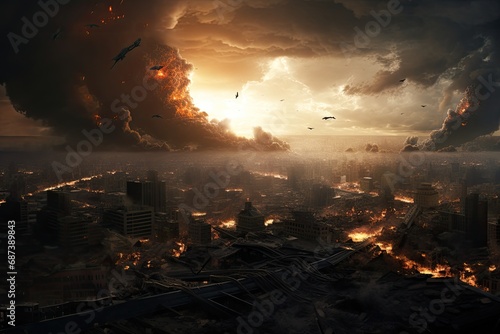 Aerial view of burning city at sunset. Global warming concept. 3D Rendering, World collapse, doomsday scene, digital painting, AI Generated