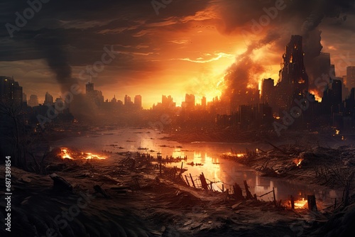 Dangerous fire in the city at night. 3D rendering, World collapse, doomsday scene, digital painting, AI Generated © Iftikhar alam