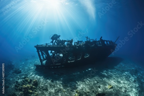 Underwater view of a sunken shipwreck on a tropical coral reef, Wreck of a ship in the blue sea, with scuba diving equipment, AI Generated