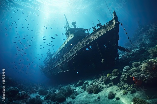 Underwater view of the sunken ship in the Red Sea, Wreck of a ship in the blue sea, with scuba diving equipment, AI Generated