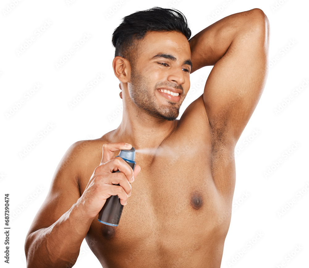 Deodorant, spray and armpit of man with smile for beauty, grooming and clean hygiene isolated on transparent png background. Happy indian model with perfume cosmetics for sweat, underarm and skincare