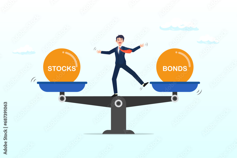 Businessman investor balance on stocks and bonds seesaw, stocks vs bonds in investment asset allocation, risk assessment portfolio or expected return in long term mutual funds, pension fund (Vector) - obrazy, fototapety, plakaty 