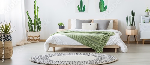Patterned pillows on king-size bed in bright bedroom with cactus-themed white round carpet. photo