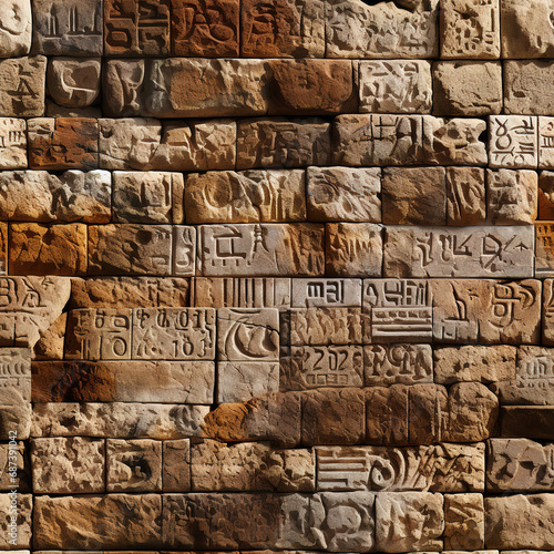 Sumerian cuneiform archeology repeat pattern, antique hieroglyph language carved on stone  photo