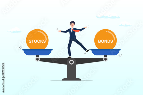 Businessman investor balance on stocks and bonds seesaw, stocks vs bonds in investment asset allocation, risk assessment portfolio or expected return in long term mutual funds, pension fund (Vector)