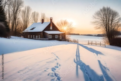 A tranquil winter scene with the sun rising behind a rustic farmhouse, casting long shadows on a winding footpath through untouched snow © usama