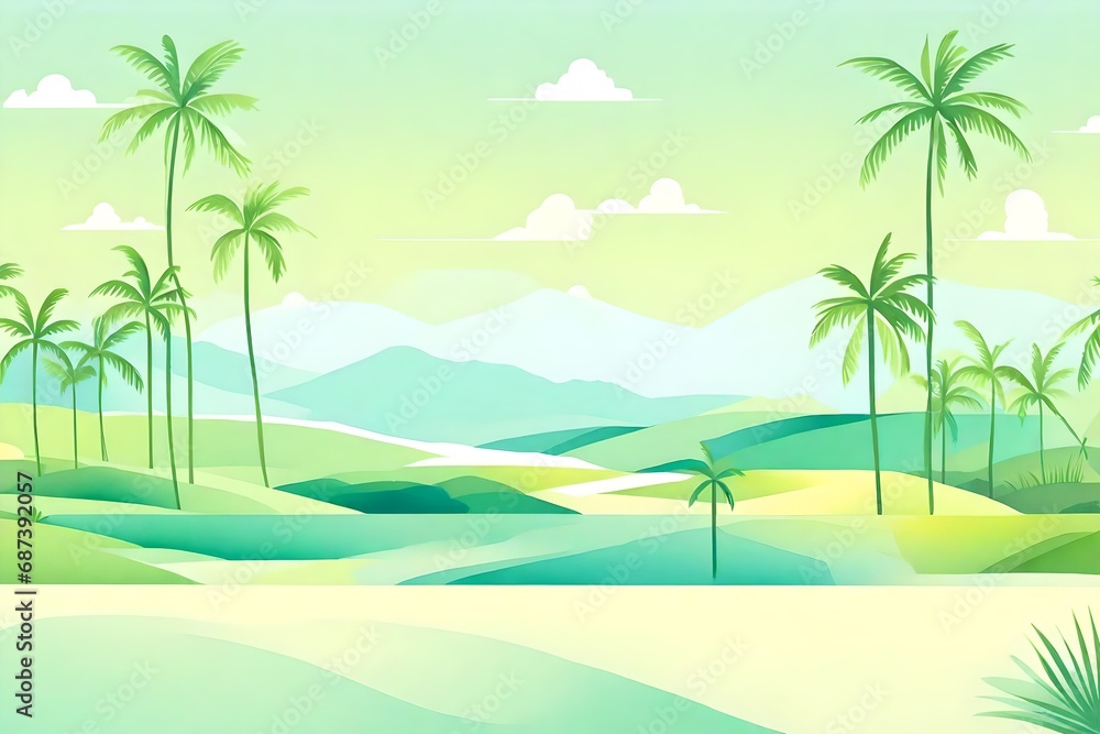 Paddy fields and coconut trees in a minimalist style, emphasizing simplicity and tranquility, with a soft color palette and clean lines
