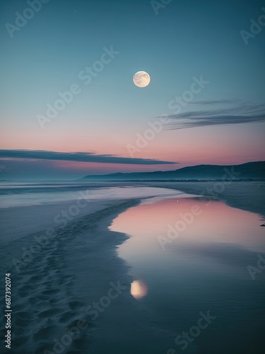 Smooth calm dusk sky and beautiful moon, sunset on the sea, sunset over the sea, moon over the sea, sunset over the sea