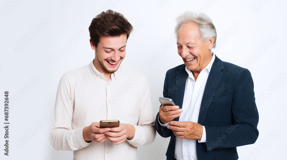 Generational Connection. Two men, young and elderly, laughing together while looking at their smartphones on a white background. AI Generative Generational Connection. Two men, young and elderly, laughing together while looking at their smartphones on a white background. AI Generative