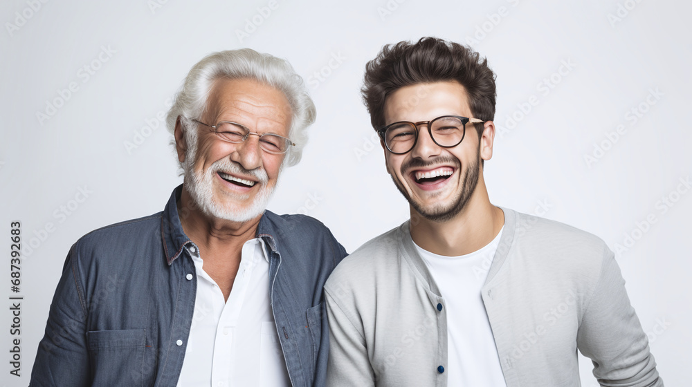 A heartwarming portrait of a senior man and a young adult male laughing together, showcasing a genuine multigenerational connection. AI Generative A heartwarming portrait of a senior man and a young adult male laughing together, showcasing a genuine multigenerational connection. AI Generative