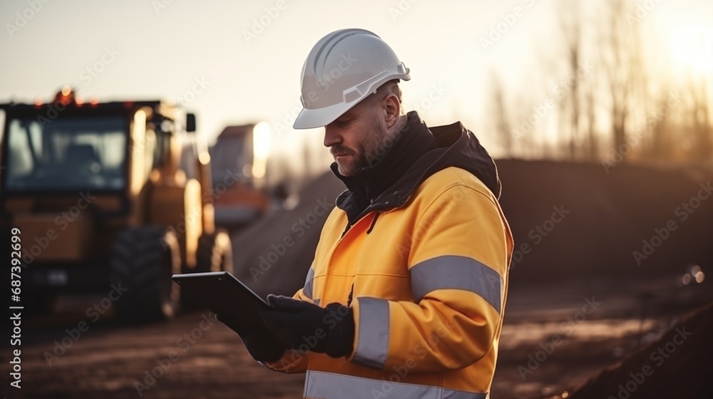 industrial worker holding tablet in front of construction equipment - obrazy, fototapety, plakaty 