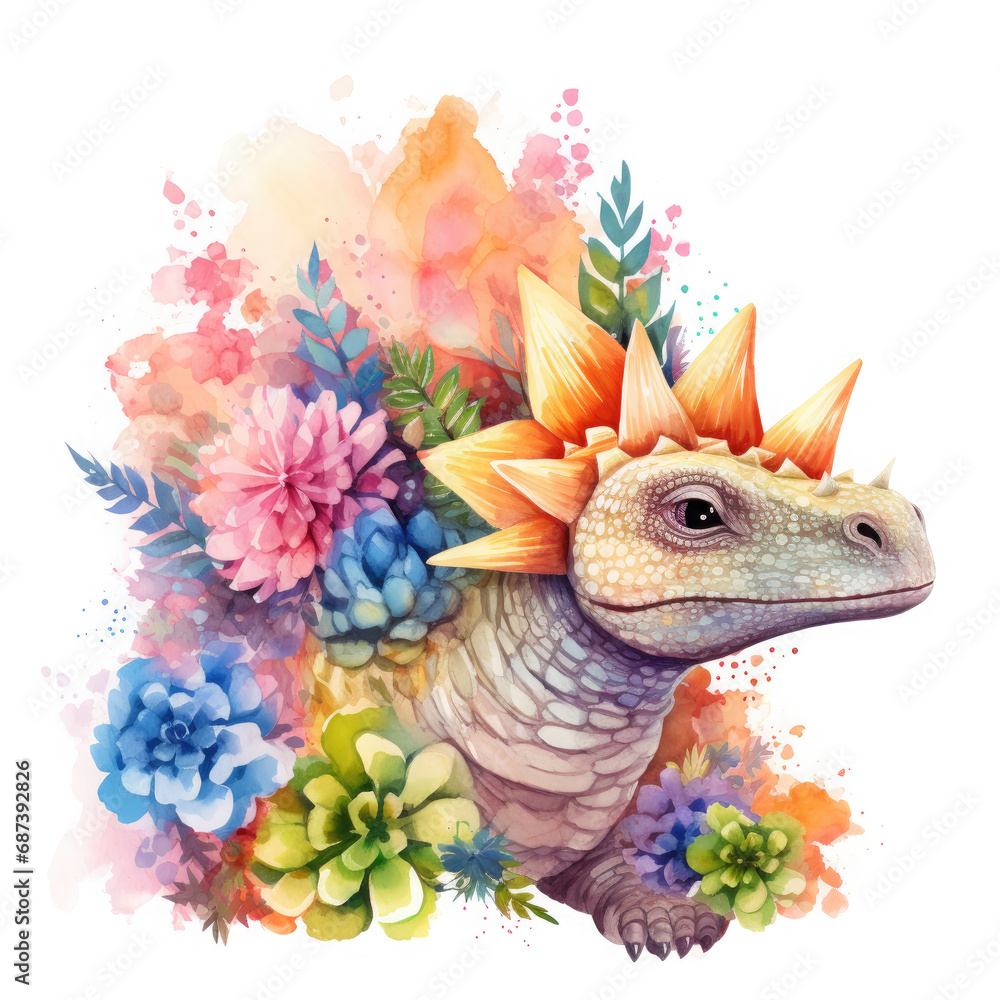 Stegosaurus and flower Illustration, Generative Ai Stegosaurus and flower Illustration, Generative Ai