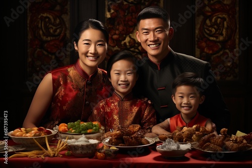 Happy Chinese family having dinner together at home. Chinese New Year concept. . AI Generate