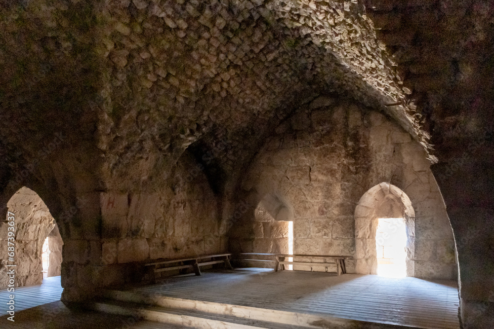 Remains  of large hall in the northern tower in the medieval fortress of Nimrod - Qalaat al-Subeiba, located near the border with Syria and Lebanon on the Golan Heights, in northern Israel