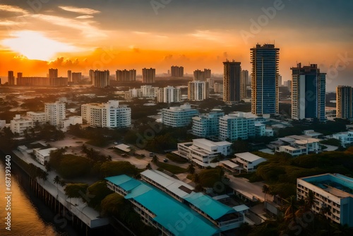 A mesmerizing view of the city of Male during sunset, the warm hues painting the skyline, modern buildings reflecting the fading sunlight © usama