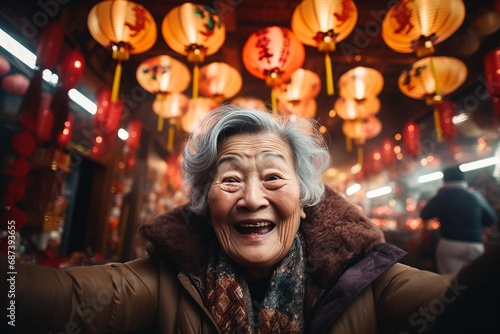 Happy old woman taking selfie with Chinese lanterns in a traditional street . AI Generate