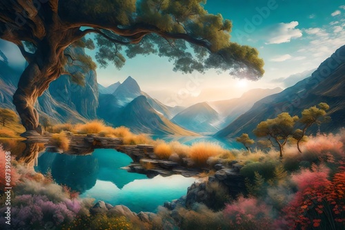 An artistic montage of landscape scenery photos, seamlessly blended into a surreal composition, where elements from different images harmonize to create a dreamlike and imaginative atmosphere