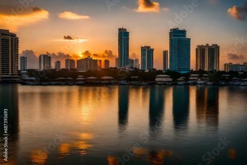 A mesmerizing view of the city of Male during sunset, the warm hues painting the skyline, modern buildings reflecting the fading sunlight © usama