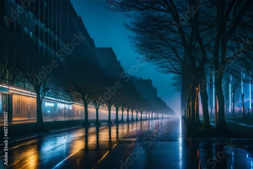 A futuristic tree-lined avenue in a cyberpunk city, neon lights reflecting off wet pavement, creating a juxtaposition of nature and technology