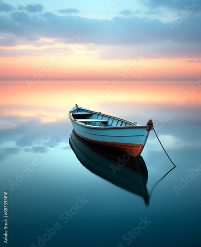 a boat sitting on the water at sunset