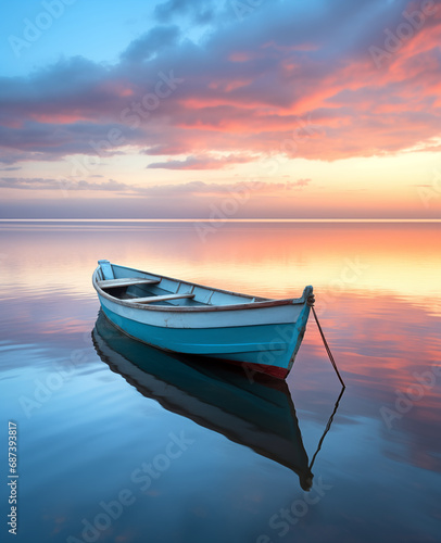a boat sitting on the water at sunset