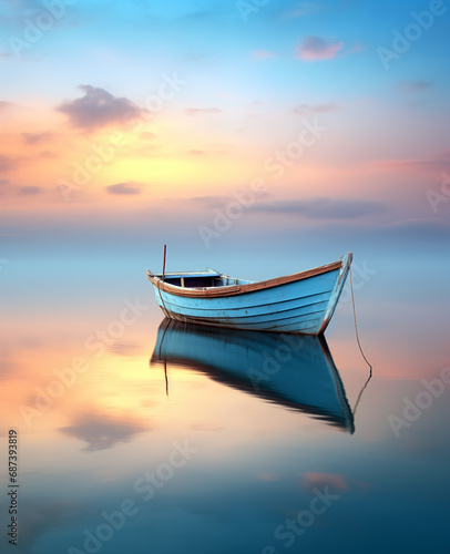 a boat sitting on the water at sunset © digitizesc
