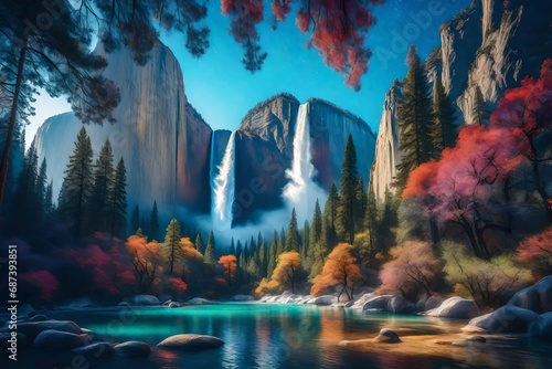 A surreal interpretation of El Capitan and Bridal Veil Falls, surrounded by an otherworldly glow, the landscape transformed into a fantastical realm where reality merges with dreams, Illustration photo