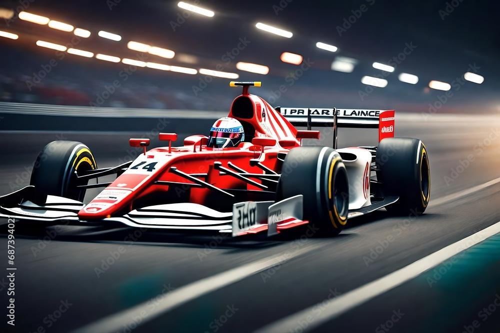 Grand prix racing car in the fast track background. Sport tournament concept