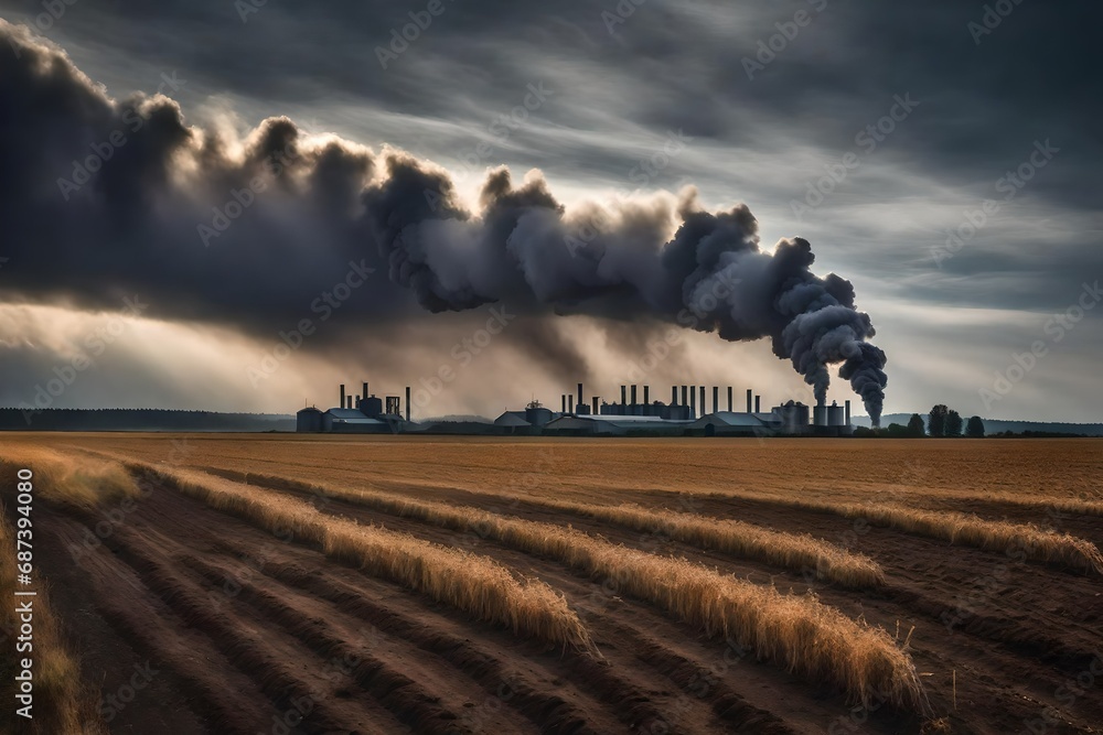 Industrial settlement smoke over moody sky in front of a cultivated field - obrazy, fototapety, plakaty 