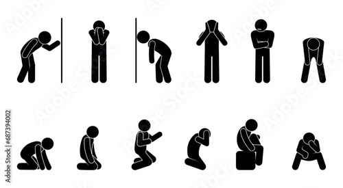 sad man icon, collection of depressed people, stick figure, isolated human silhouettes