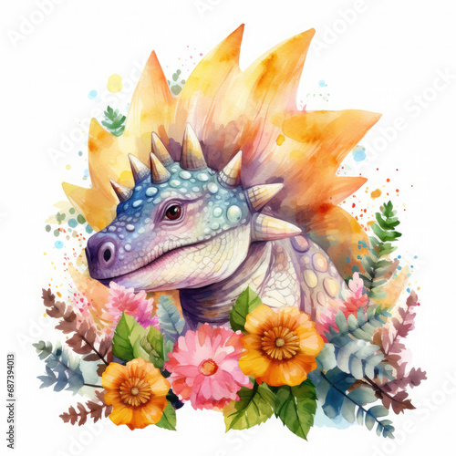 Stegosaurus and flower Illustration, Generative Ai