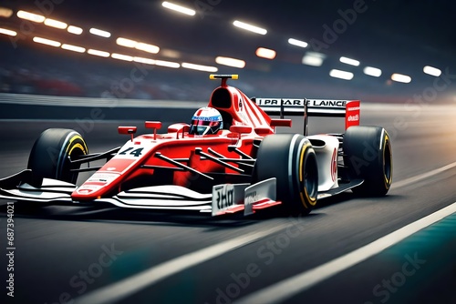 Grand prix racing car in the fast track background. Sport tournament concept