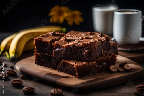 homemade chocolate brownies mix with banana inside its meat and a cup of coffee