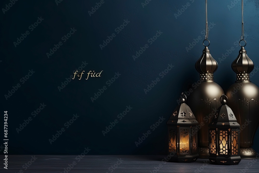 Fototapeta premium eid al fitr greeting with lanterns on dark blue background with generative ai