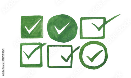 watercolor Green check mark set of green icons with check marks isolated on white background