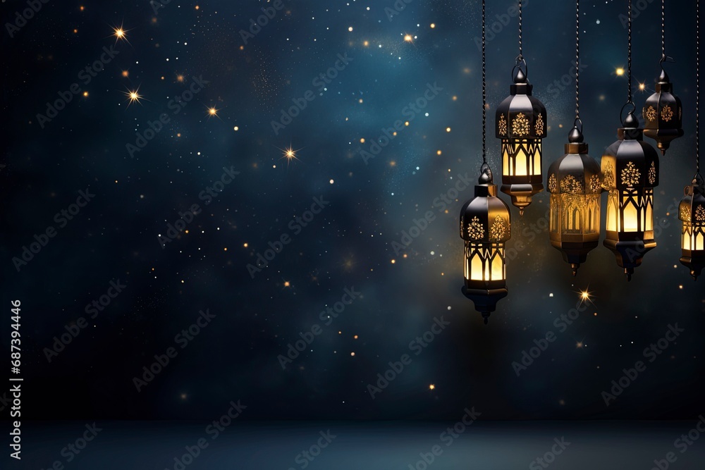 eid al fitr greeting with lanterns on dark blue background with generative ai eid al fitr greeting with lanterns on dark blue background with generative ai