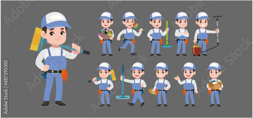 Set of cleaner with different poses