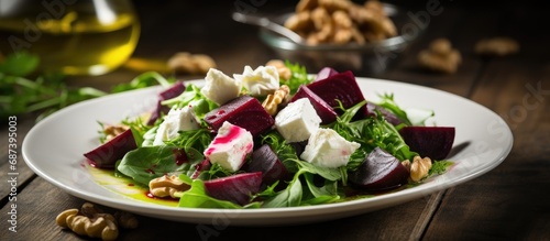 Mediterranean salad with goat cheese, beetroot, walnuts, olive oil and herbs.