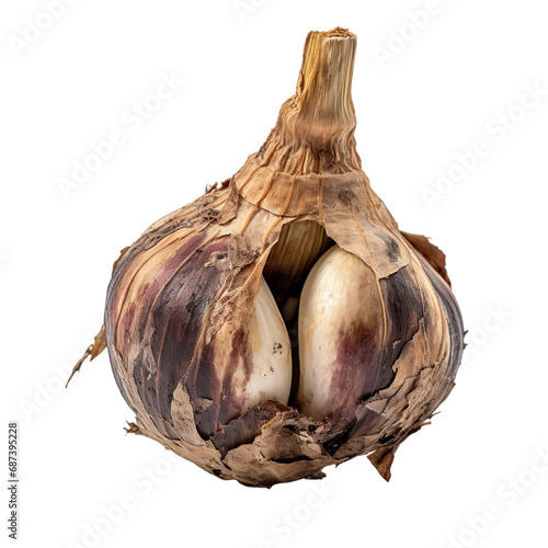 front view of a spoil rotten garlic vegetable isolated on a white transparent background 