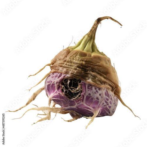 front view of a spoil rotten kohlrabi vegetable isolated on a white transparent background 
