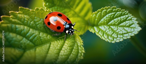 Ladybugs are natural enemies of pests. They have diverse colors and can be seen on a leaf through a magnifying glass. photo