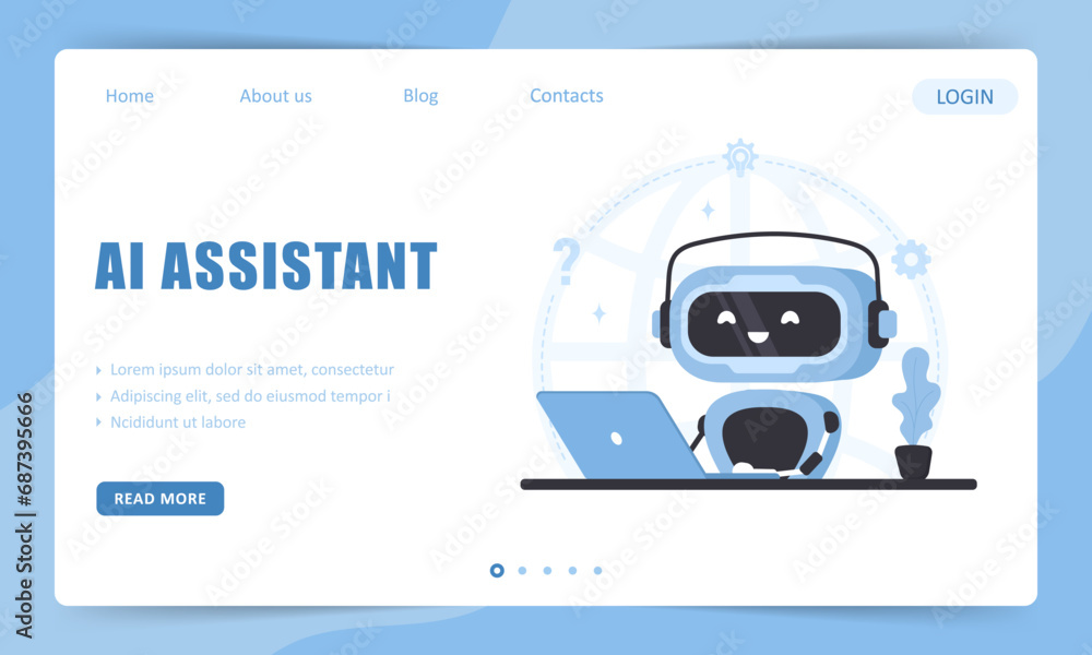AI assistant. Landing page template. Chatbot service. Online customer support and FAQ. Artificial intelligence. Vector illustration in flat cartoon style.
