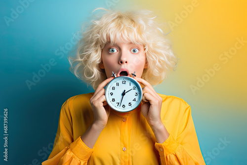 woman holding an alarm clock with shocked expression