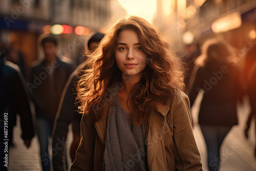 a young woman walks down a busy urban street at a sunny daytime