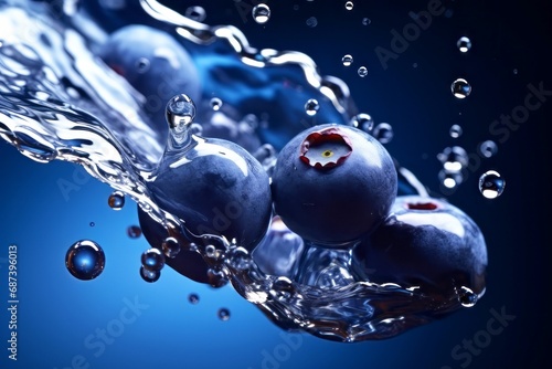 Fresh blueberries with water splash on black background, Fresh fruit close up view. 